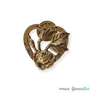 Vintage CAMCO Heart Roses Antiqued Gold Tone Lapel Pin Tie Tack